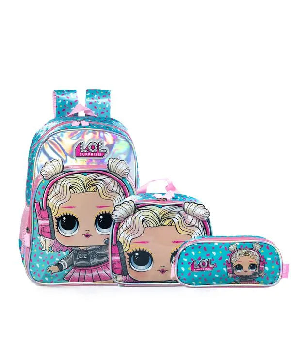 Kit Mochila Escolar LOL com Lancheira e Estojo Premium Verde Claro