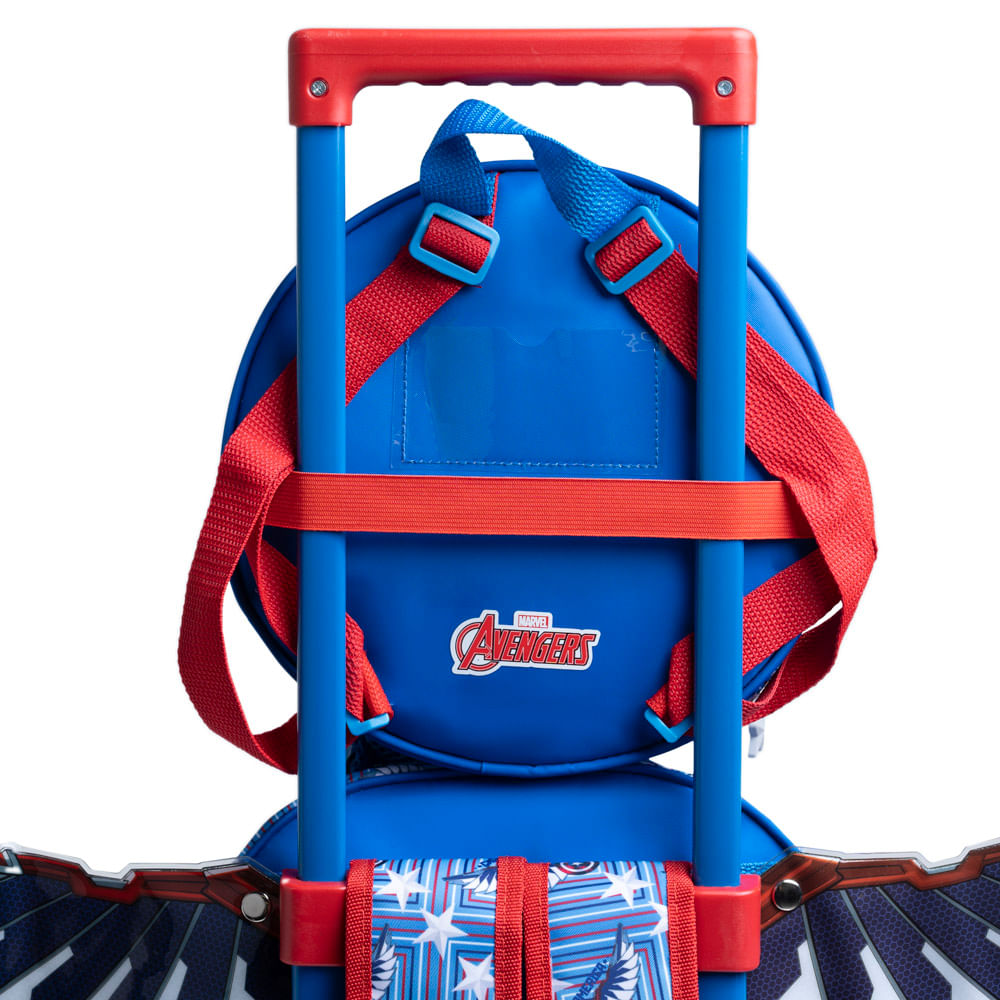 Kit Mochila Infantil de Carrinho + Lancheira Térmica + Estojo Capitão América com Asas Removíveis