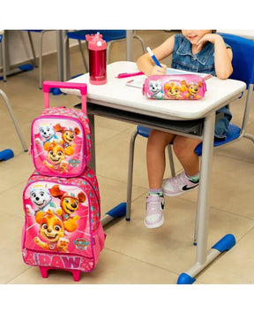 Kit Mochila de Rodinha + Lancheira Térmica + Estojo Infantil Patrulha Canina Skye e Equipe Rosa