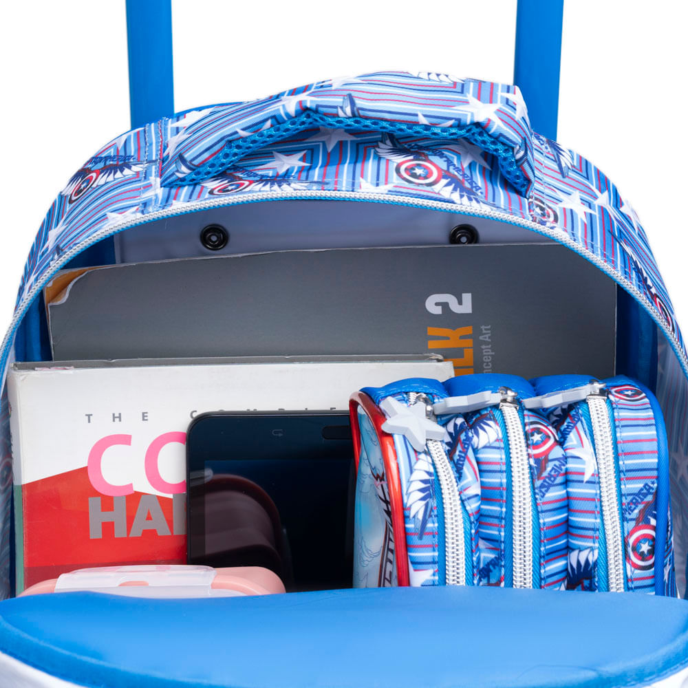 Kit Mochila Infantil de Carrinho + Lancheira Térmica + Estojo Capitão América com Asas Removíveis