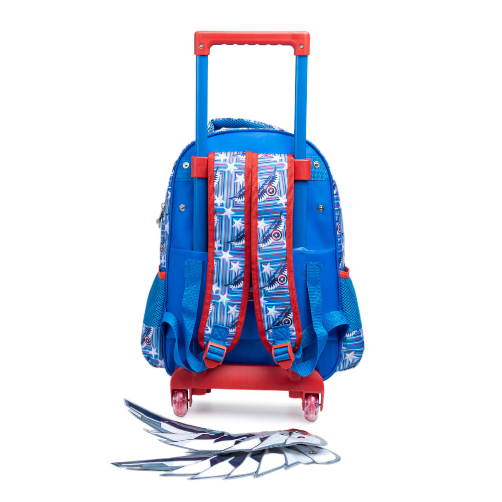 Kit Mochila Infantil de Carrinho + Lancheira Térmica + Estojo Capitão América com Asas Removíveis