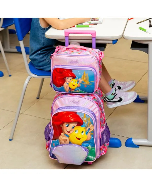 Kit Mochila de Rodinha + Lancheira Térmica Infantil Feminina Ariel e Linguado – Rosa