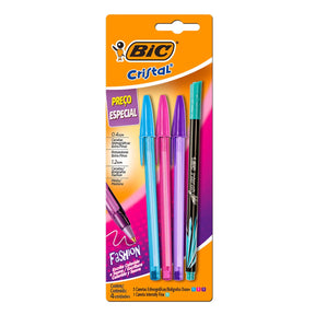 Kit Escrita Cristal Fashion + Intensity BIC – 4 Unidades (3 Canetas Fashion 1,2mm + 1 Intensidade 0,4mm)