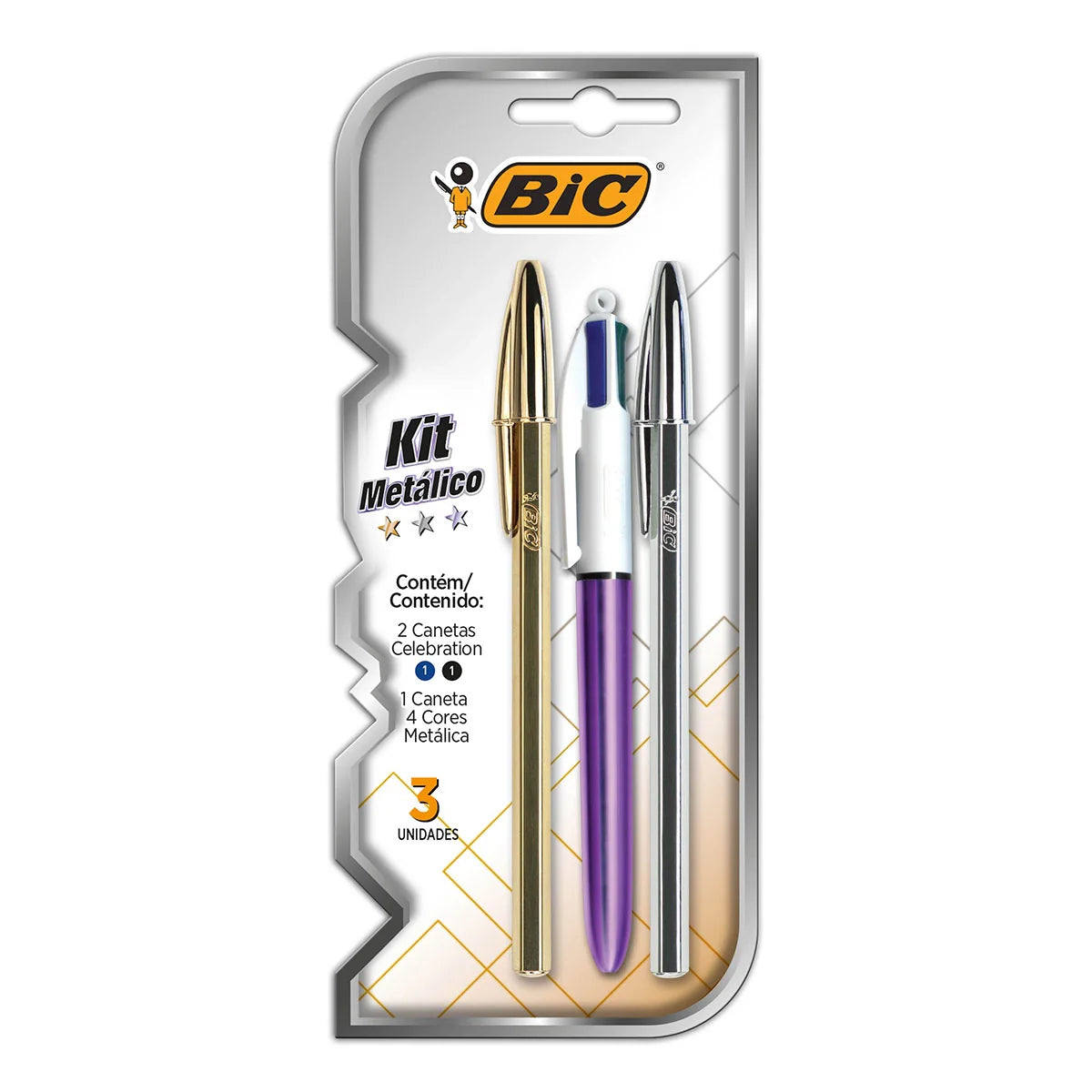 Kit Escrita Metálico BIC Celebration – 3 Canetas (1 Caneta 4 Cores + 2 Celebration)