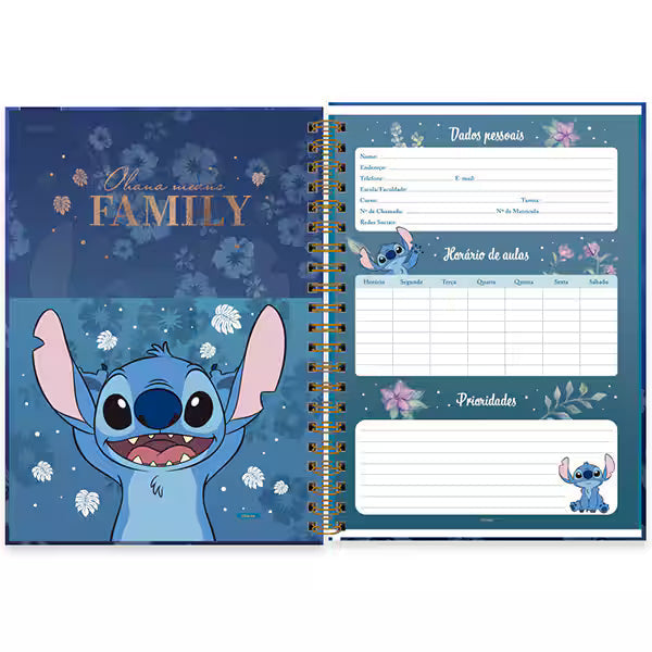 Caderno Universitário Stitch Premium 80 Folhas - Capa Dura Glitter e Hotstamping