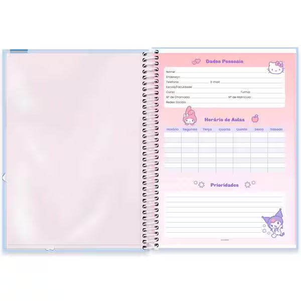 Caderno Universitário Hello Kitty e Amigos Spiral 80 Folhas - Capa Dura Hotstamping