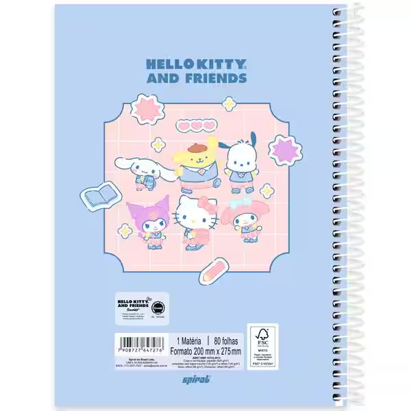 Caderno Universitário Hello Kitty e Amigos Spiral 80 Folhas - Capa Dura Hotstamping