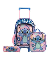 Kit Mochila de Rodinha + Lancheira Térmica + Estojo Infantil Feminino Stitch