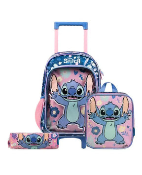 Kit Mochila de Rodinha + Lancheira Térmica + Estojo Infantil Feminino Stitch