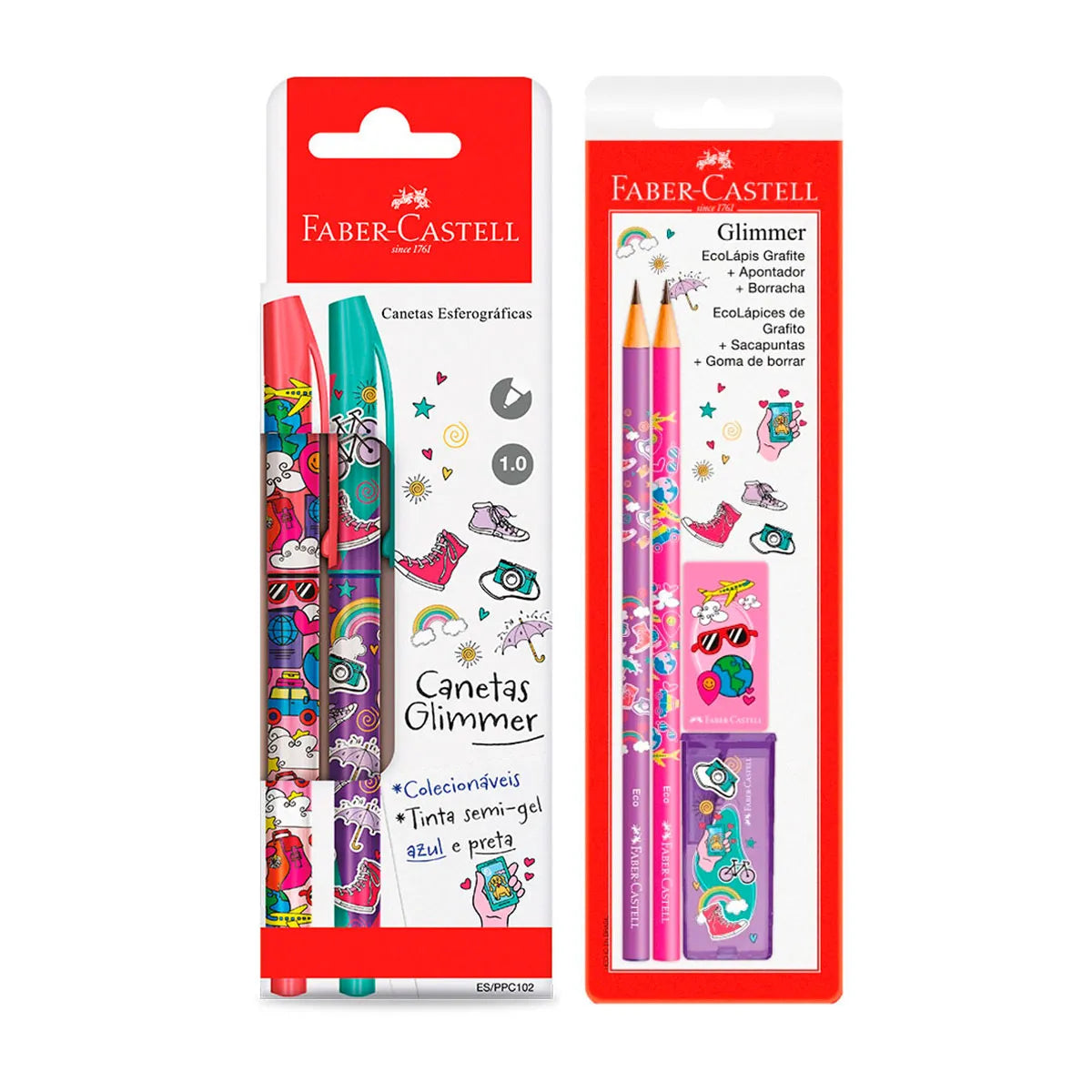 Kit Glimmer Viagem Faber-Castell com Lápis, Canetas, Apontador e Borracha