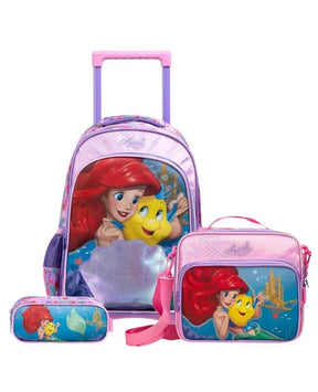 Kit Mochila de Rodinha + Lancheira Térmica + Estojo Infantil Feminino Ariel e Linguado – Rosa