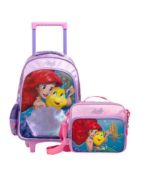 Kit Mochila de Rodinha + Lancheira Térmica Infantil Feminina Ariel e Linguado – Rosa