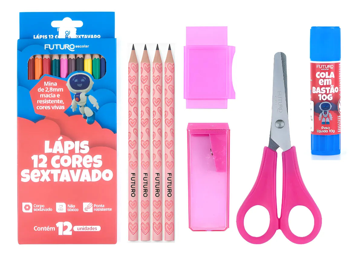 Kit Escolar Infantil 20 Peças com Lápis de Cor, Tesoura e Cola Bastão