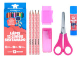 Kit Escolar Infantil 20 Peças com Lápis de Cor, Tesoura e Cola Bastão