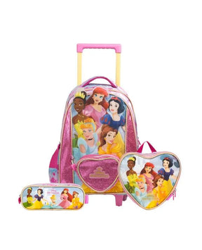 Kit Mochila de Rodinha + Lancheira Térmica + Estojo Infantil Feminino Princesas – Rosa